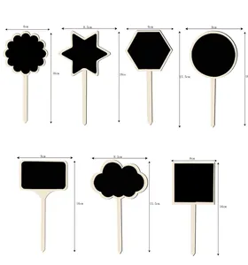 Size chart for 7 shapes of mini wooden chalkboard plant labels and party decorations