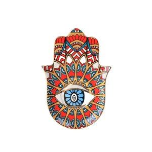 Ceramic Hamsa Hand jewelry tray with Fatima eye design in vibrant red and blue finish