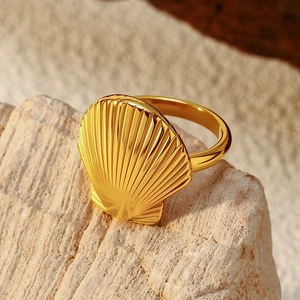 Macro view of textured scallop shell design on a gold-plated stainless steel ring