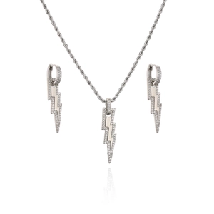 Silver twist chain necklace and lightning bolt earrings set with pavé cubic zirconia
