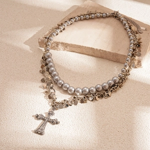 Double-layer silver necklace with gray faux pearls, heart sequins and diamond cross pendant