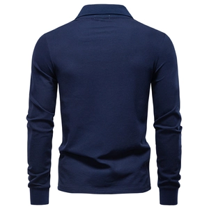 Rear view of navy blue long sleeve polo shirt with high quality knit texture