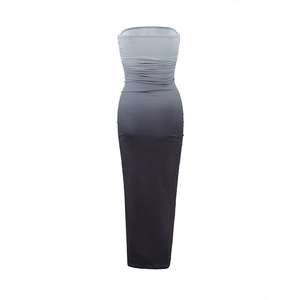 Detailed back view of a slim-fit strapless tube dress featuring a grey gradient effect