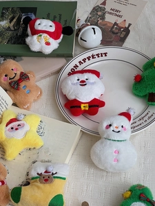 Detailed view of plush Christmas charms including Santa, snowmen, and gingerbread men