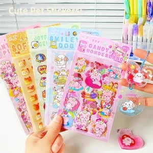 Close-up of pastel cartoon sticky notes and acrylic heart pendants for school stationery