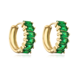 Close-up of 18K gold plated hoop earrings with micro-set green baguette emerald zircons
