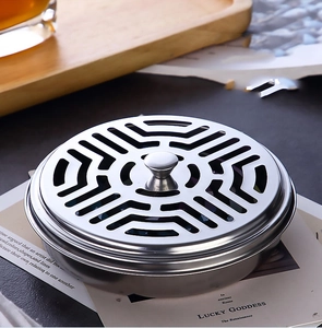 Detailed macro view of silver stainless steel mosquito coil box with geometric hollow cover