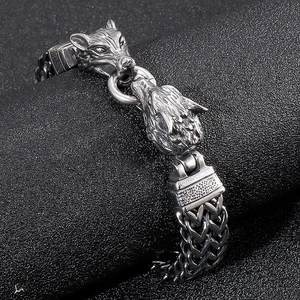 Bracelet Double Tête De Loup Acier Inoxydable 316L Chaîne Byzantine Punk Viking Bijoux Argent Rétro Pour Hommes
