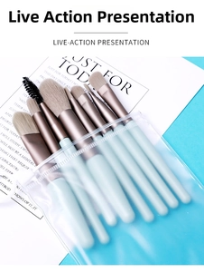 Detail of 8pcs mint green makeup brush set with bronze ferrule and PVC zipper bag