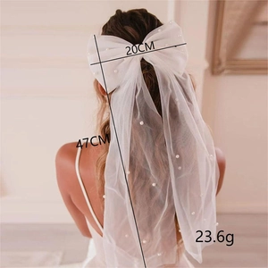 White tulle bow hair clip with faux pearls for bridal wedding veil decoration, 20x47cm