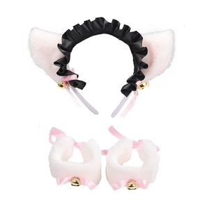 Detailed set of plush cat ear headband and wristbands with metal bells and satin bows