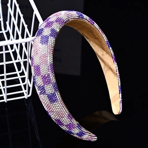 Detail of wide headband featuring purple, pink, and silver rhinestone grid patterns