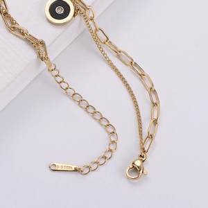 Gold-plated stainless steel double-layer necklace with Roman numeral black round pendant