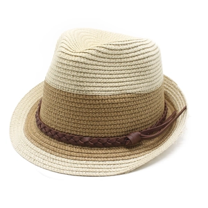 Men's summer straw panama hat with beige and brown contrast design and leather band