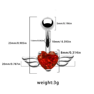 Piercing de nombril cœur avec ailes en argent, zircon rouge et dimensions