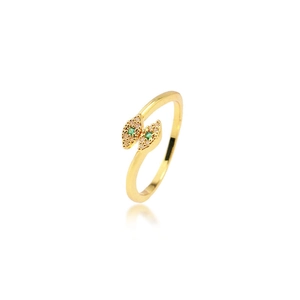 Retro gold snake ring with green stone eyes and micro-pave crystals in an open design