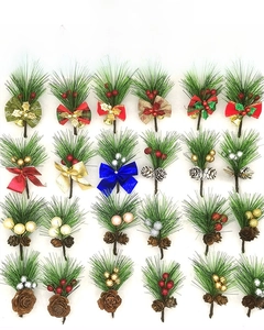 Detailed collection of 24 PVC artificial pine picks with red berries and festive bows
