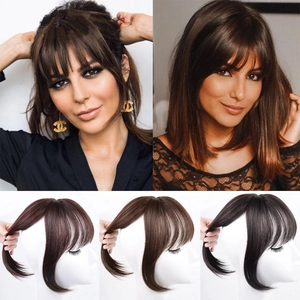 Three color options for 3D French fringe hairpieces in black, medium, and dark brown
