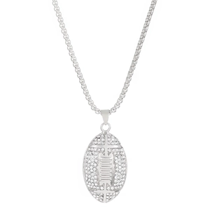 Macro detail of rugby pendant necklace with sparkling rhinestones and silver-tone chain