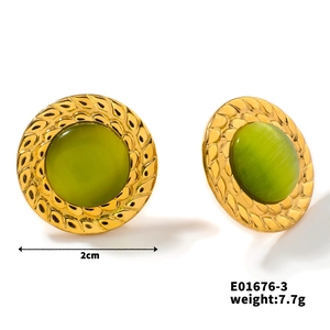 Macro view of retro 2cm round green stone earrings with gold woven texture base