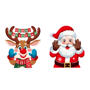 Cartoon Reindeer and Santa Claus static stickers with Merry Christmas banner for decor