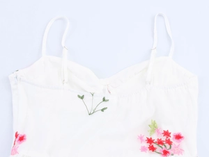 Détails de la broderie florale et des fines bretelles de la robe en tulle blanc