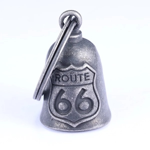 Vintage stainless steel Route 66 motorcycle bell pendant with antique silver finish