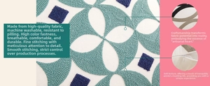 Detail of blue floral embroidery on white cotton pillow with hidden zipper closure