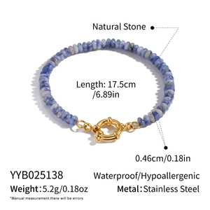 Detail of beaded bracelet with 4.6mm blue natural stone and 17.5cm stainless steel chain