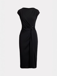 Retro black long-sleeve midi dress featuring metal waist hardware and slit details