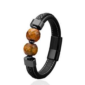 Men's vintage tiger eye stone leather bracelet with black stainless steel magnetic clasp