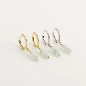 S925 silver beaded drop earrings with green aventurine and sparkling cubic zirconia stones