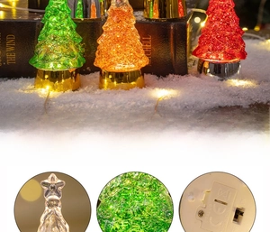 Macro detail of LED Christmas tree light showing PVC crystal texture and battery base