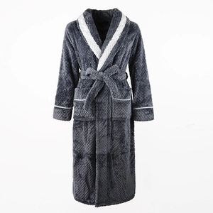 Thick grey flannel bathrobe with checkered texture and white contrast lapel for couples