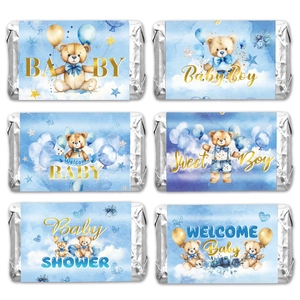 Blue and gold Baby Shower candy bar wrappers featuring cartoon bears and balloons