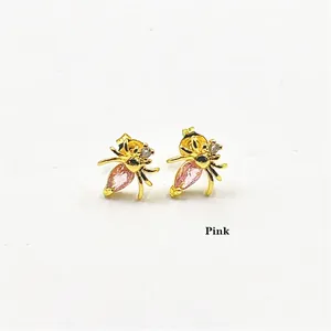 Vintage gold beetle stud earrings with pink pear-shaped zircon for women