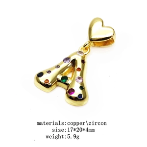 Gold-plated letter A necklace pendant with heart clasp and colorful zircon stones