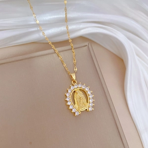 Luxurious gold titanium steel necklace featuring a Virgin Mary pendant with sparkling zircons