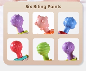Macro detail of six different silicone textures on the baby sensory Manhattan teething ball