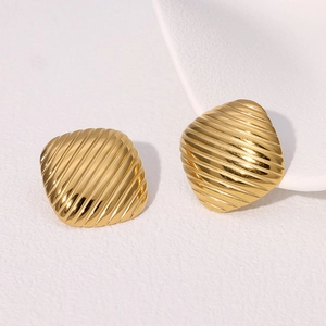 Minimalist square gold stainless steel stud earrings with diagonal ribbed texture