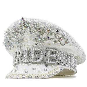 White Bride Captain Hat Artificial Pearl Rhinestone Sequined Military Bridal Bachelorette Party Festival Performance Cap
