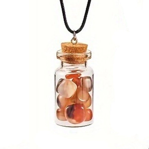 Minimalist glass bottle wish pendant necklace with red jasper stone and black cord