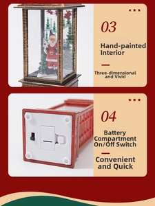 Detail of Christmas lantern showing hand-painted Santa Claus interior and battery switch