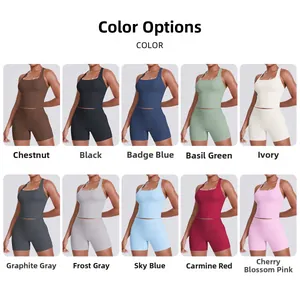 Detailed color chart of solid racerback sports bra and high-waist shorts set