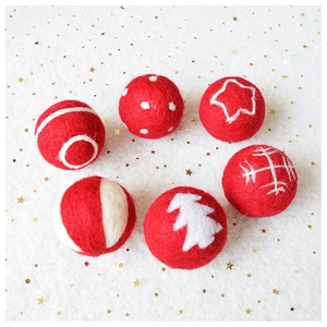 Set of 6 handcrafted wool felt Christmas balls with festive red and white snowflake patterns