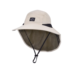 Outdoor sun hat with wide brim, neck flap and mesh panel in beige and black