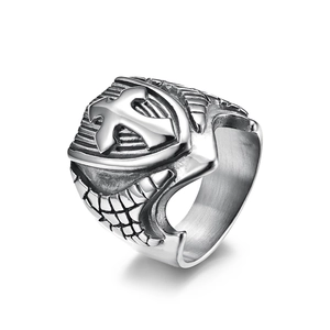 Vintage silver stainless steel cross shield masonic signet ring for men on white background