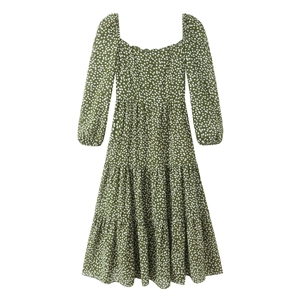 Robe midi verte à manches longues avec col carré et jupon à volants motif floral