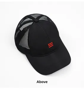 Top view of black mesh baseball cap with breathable fabric and red embroidered stripes