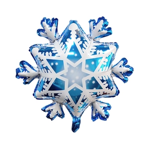 Detailed view of blue and white snowflake foil balloon with intricate geometric patterns